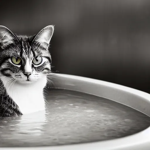 Image similar to photographic portrait by Annie Leibovitz of a cat in a hot tub, closeup, foggy, sepia, moody, dream-like, sigma 85mm f/1.4, 15mm, 35mm, 4k, high resolution, 4k, 8k, hd, full color