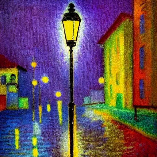 Prompt: streetlamp, rainy, night, kandinsky, impressionist, pastel, high contrast