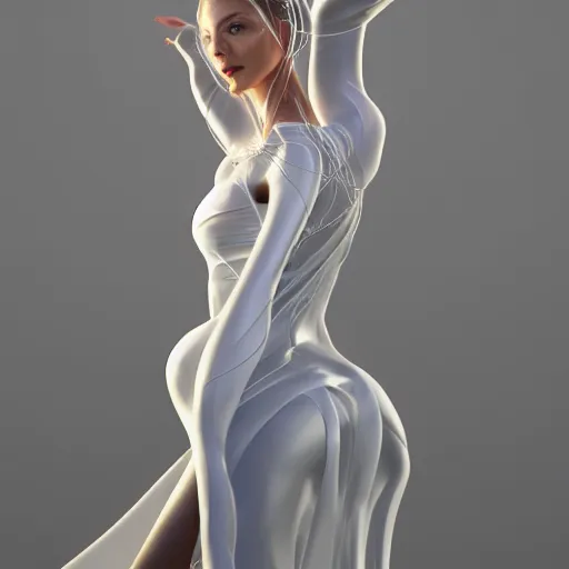 Image similar to a highly detalied digital image of a beautiful futuristic woman elegantly tangled in white threads, by Andrew Chiampo, artstation, and Frederik Heyman, extremely detailed woman, stunning volumetric lighting, hyper realism, fantasy 4k, 8k