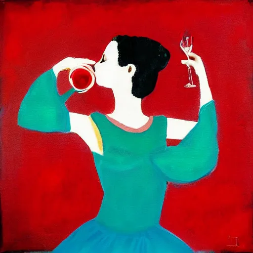 Image similar to square painting of a ballerina drinking wine in a teal room all on a red background