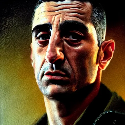 Prompt: realistic portrait of travis bickle ( robert deniro ), trending on artstation, low angle oil painting and composition laws, cinematic lighting, hyperdetailed, cgsociety, 8 k, martin scorsese cinematography, taxi driver