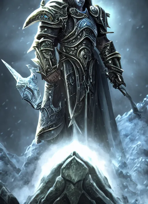 Image similar to arthas menethil, ultra detailed fantasy, elden ring, realistic, dnd character portrait, full body, dnd, rpg, lotr game design fanart by concept art, behance hd, artstation, deviantart, global illumination radiating a glowing aura global illumination ray tracing hdr render in unreal engine 5