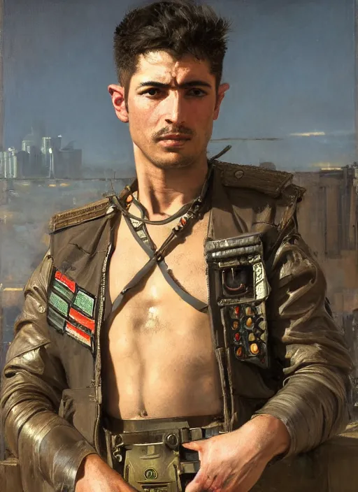 Prompt: Hector. cyberpunk pilot wearing military vest. attractive face. Iranian orientalist portrait by john william waterhouse and Edwin Longsden Long and Theodore Ralli and Nasreddine Dinet, oil on canvas. Cinematic, hyper realism, realistic proportions, dramatic lighting, high detail 4k