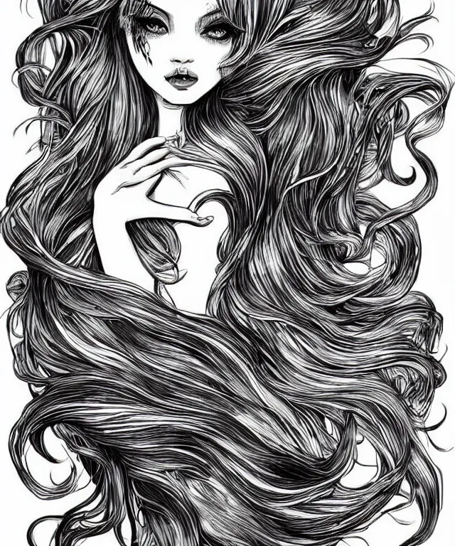 Image similar to black and white illustration, creative design, dark fantasy, beautiful mermaid with flowing hair