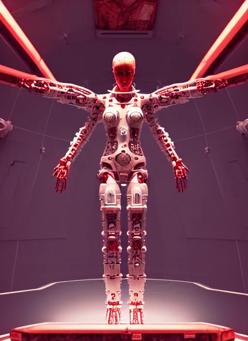 Image similar to , high detailed space station interior, a statue jesus on cross made of red marble, perfect symmetrical body, full body shot, white biomechanical, wearing epic bionic cyborg implants, masterpiece, intricate, biopunk, vogue, highly detailed, artstation, concept art, background galaxy, cyberpunk, octane render