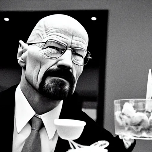 Image similar to walter white holding an ice cream sundae, sharp focus