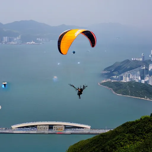 Image similar to sauron making paraglider above hong kong, fantasy