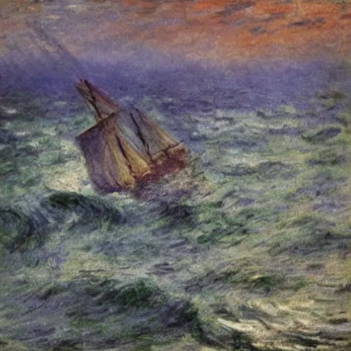 Image similar to large ship being tossed about in a fierce storm in the sea, dark, low light, terrifying, beautiful, monet painting