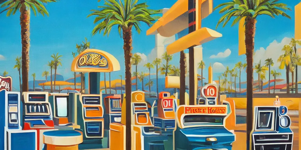 Prompt: oil paint on canvas, art deco style, palm trees and slot machines in oasis