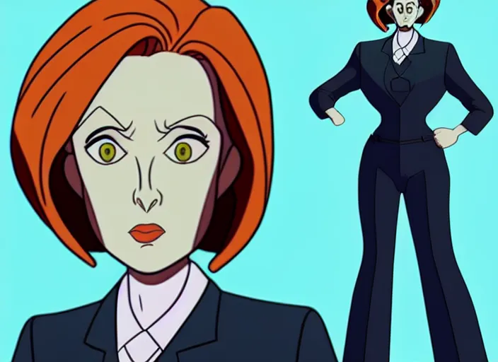 Image similar to a shaded animation cel of dana scully, sharp detail, realistic anatomy, in the style of western cartoons, by filmation, toei animation, studio trigger, studio ghibli, 5 k, artstation trending