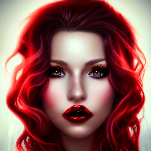 Image similar to a realistic illustration portrait of a beautiful liz katz with curly black and red hair, black eyeliner, trending on artstation, hyper - realistic lighting, intricate, ross tran