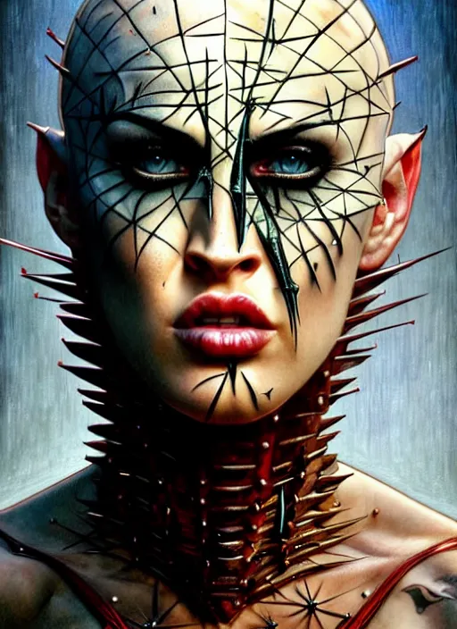 Image similar to portrait of megan fox as pinhead, bald, hellraiser, hell, intricate, headshot, highly detailed, digital painting, artstation, concept art, sharp focus, cinematic lighting, illustration, art by artgerm and greg rutkowski, alphonse mucha, cgsociety