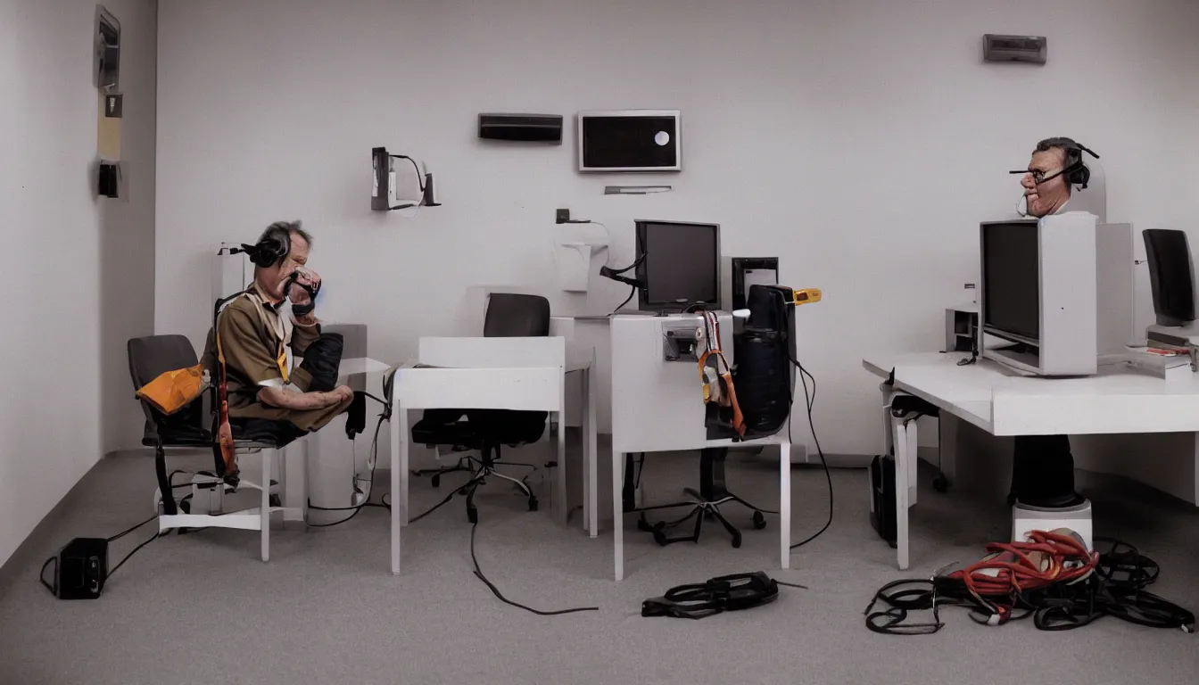 Image similar to In an call centre office, A skinny old Man with a old television strapped to his back ,flexible industrial pipes join his ears and mouth to the television, fibres trial on the floor , full colour ,4k ,Kodak portra 400