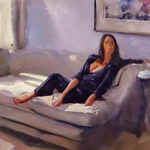 Image similar to portrait of jennifer love hewitt reclining on a couch greg manchess painting elegant, matte painting, illustration, hearthstone, trending on instagram