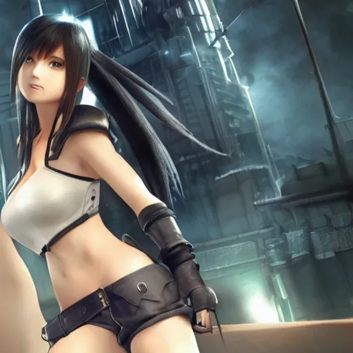 Image similar to a giant giga sized tifa from final fantasy 7 remake having fun destroying a city while smiling, digital art, octane render, award winning, very detailed, full body portrait, 3d render, detailed facial expressions, destroyed city, 4k destruction, fire, video game art, no text, ray tracing, slow motion glitter sparkles in the air, powerful, chakra attack, good composition