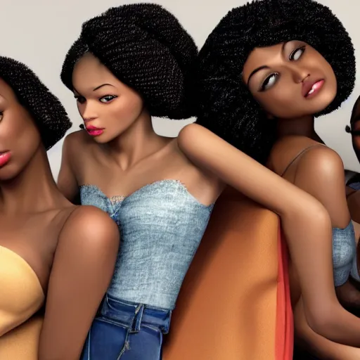 Prompt: intricate portrait of a group of black models posing at a photoshoot, while posing in the same bed , they are all laying down, 3d, in the style of pixar, smooth, 3d, highly detailed, highly detailed, sharp focus, bokeh, depth of field, 16k resolution, Unreal Engine 5, coherent, cinematic lighting, photorealistic