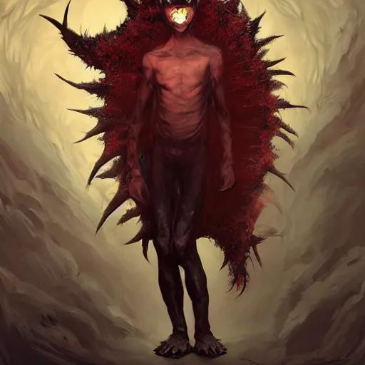 Image similar to demon boy, yound adult yokai boy with wild spiky hair, vantablack cloak, red eyes, ultra realistic, concept art, intricate details, eerie, highly detailed, photorealistic, octane render, 8 k, unreal engine. art by artgerm and greg rutkowski and charlie bowater and magali villeneuve and alphonse mucha