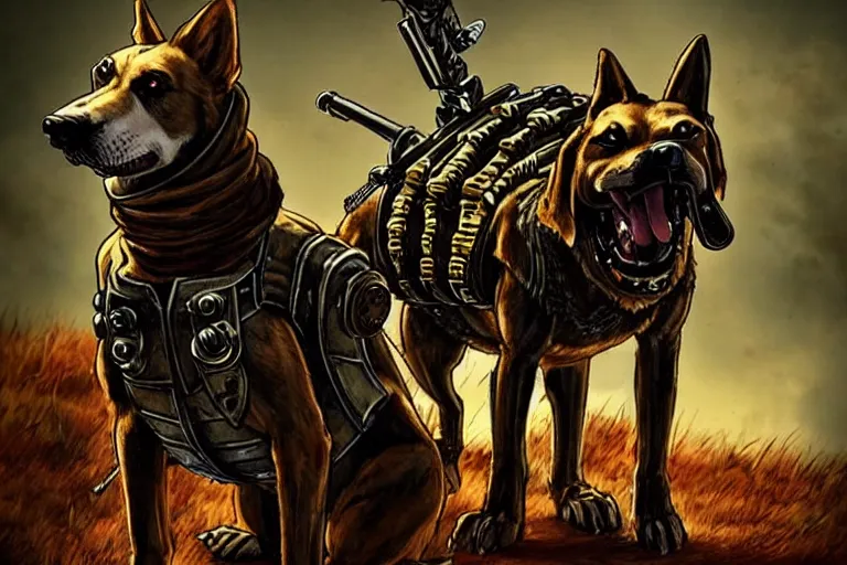 Image similar to a good ol'hound dog fursona ( from the furry fandom ), heavily armed and armored facing down armageddon in a dark and gritty version from the makers of mad max : fury road. witness me.