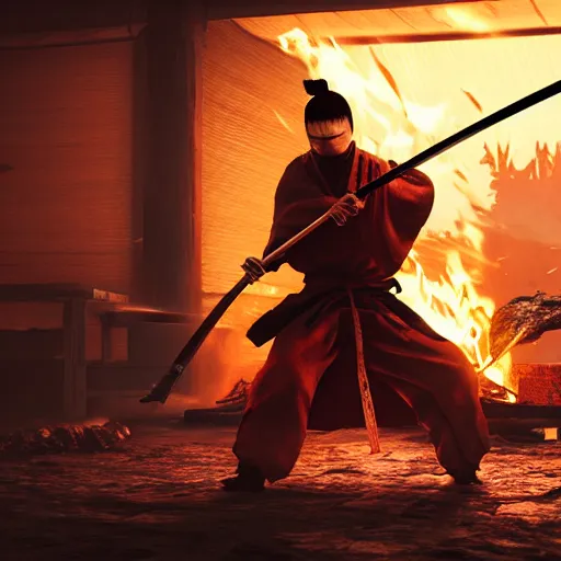 Prompt: japanese ninja boss inspired from sekiro shadows die twice near a camp fire, holding katana, evening time, digital illustration, crisp details, highly detailed art, 8k image quality, full body camera shot