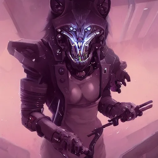 Prompt: portrait of a beautiful cybernetic werewolf, cyberpunk concept art by pete mohrbacher and artgerm and wlop and greg rutkowski and deathburger, digital art, highly detailed, intricate, sci-fi, sharp focus, Trending on Artstation HQ, deviantart, unreal engine 5, 4K UHD image