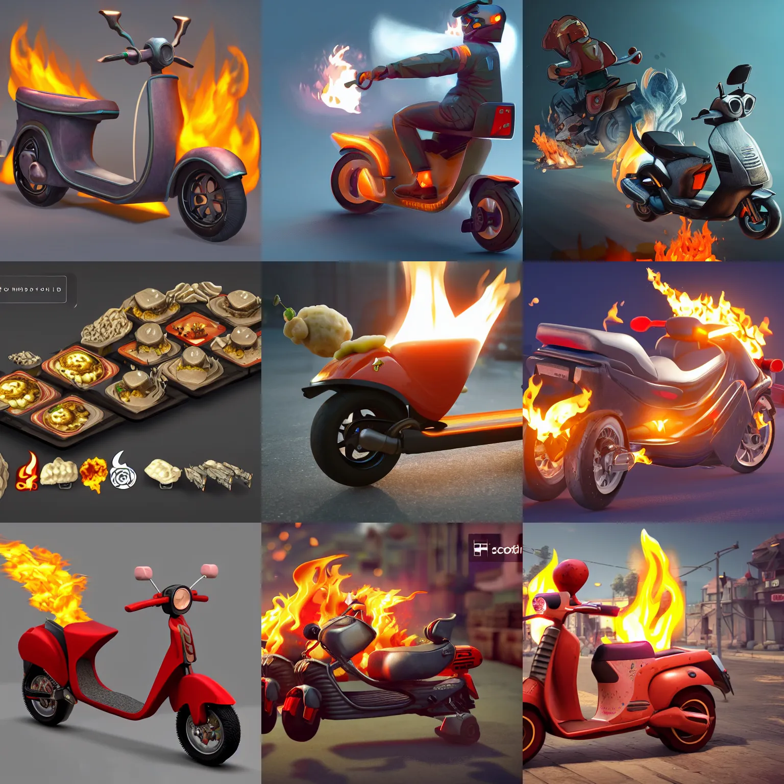 Prompt: scooter with bunch of dumplings, fire, high speed, trending on artstation, unreal engine 5
