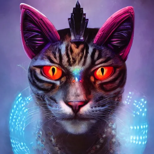 Image similar to portrait of a synthwave chieftain - cat with aztec - headdress and big glowing cyber eyes by peter mohrbacher and emmanuel shiu and martin johnson heade and bastien lecouffe - deharme, rim light photography