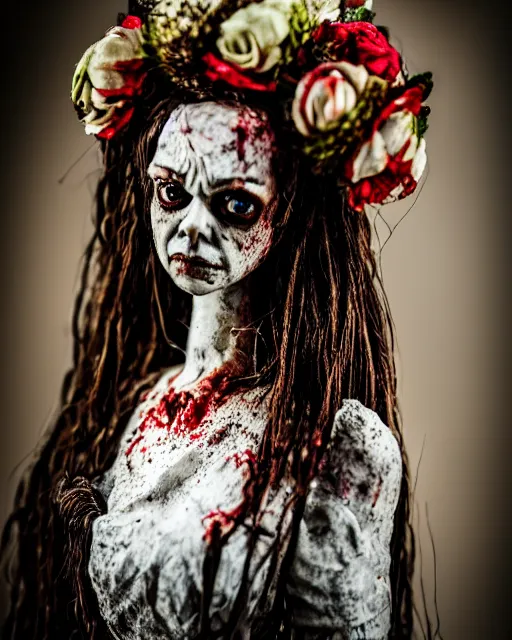 Image similar to a paper mache doll of a zombie bride, realistic, very detailed, complex, intricate, studio lighting, bokeh, sigma 5 0 mm f 1. 4