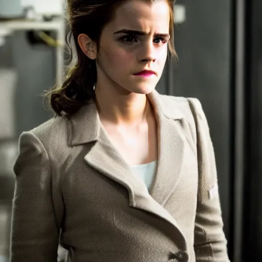 Prompt: medium shot of Emma Watson as a detective in a movie directed by Christopher Nolan, detailed face, movie still frame, promotional image, imax 70 mm footage