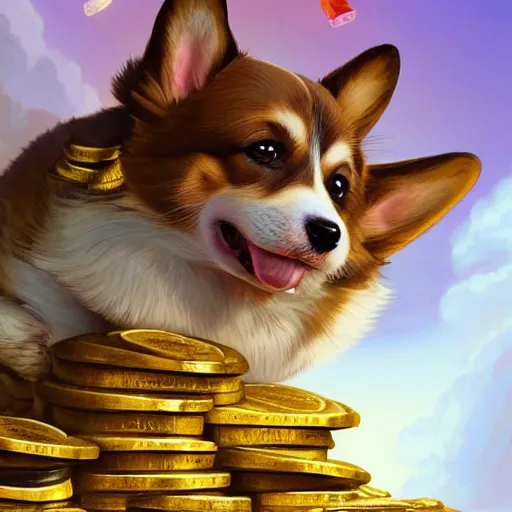 Prompt: a mischievous corgi puppy lying on top of a massive pile of stolen treasure, gold coins, colorful gems, extremely detailed digital illustration, hyperrealistic, fantasy, greg rutkowski, artgerm, trending on artstation