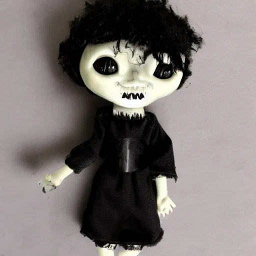 Prompt: creepy doll cursed witchcraft black eyes toy Lovecraftian dark black background doll old shamanic hair satanic