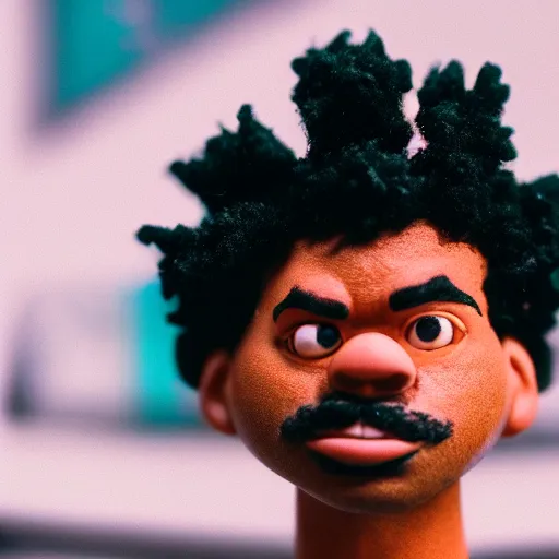 Prompt: a cinematic film still of a claymation stop motion film starring chance the rapper as a college student, shallow depth of field, 8 0 mm, f 1. 8