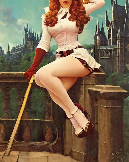 Image similar to pinup photo of hermione granger by emma watson in the crowded square of hogwarts, by gil elvgren, glossy skin, pearlescent, very coherent, very detailed