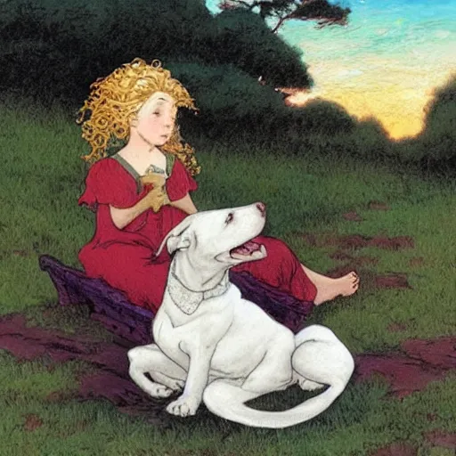 Image similar to pretty girl with curly blonde hair sits next to her white pitbull, sitting on a riverbank watching the sunset, painting by rebecca guay