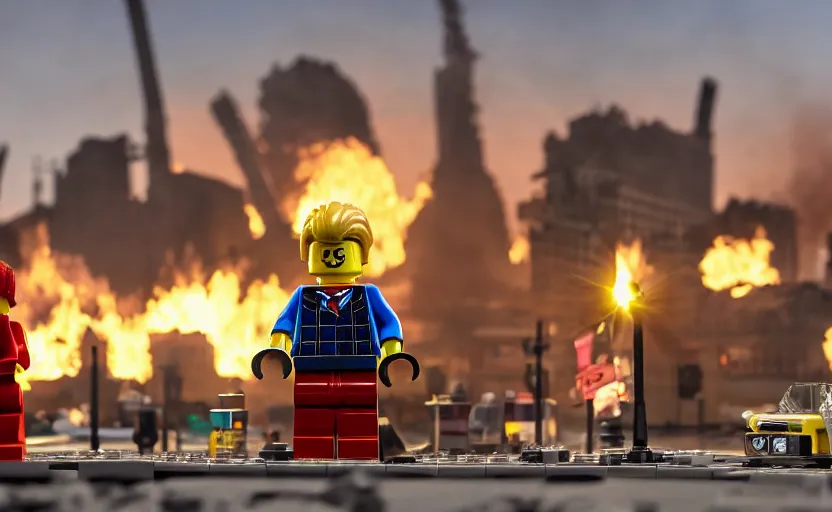 Prompt: A lego man. burning destroyed soviet city in the background. daylight. sunlight. lens flare. light fixtures. 8K. detailed. photorealism. artstation. 25mm f/1.7 ASPH Lens. ultra realistic