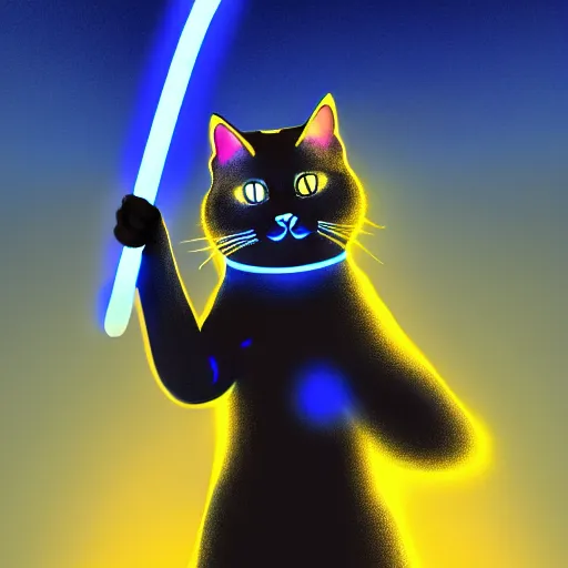 Image similar to Cat holding a glowing blue sword , digital art , 4k