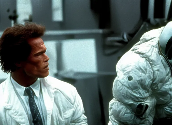 Image similar to arnold schwarzenegger in a still from the movie The Fly (1986)