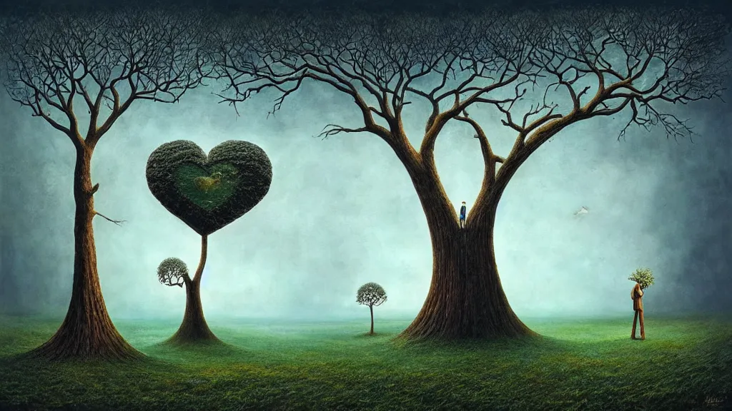 Image similar to surreal landscape, surrealism, trees, fibonacci, heart shape, esao andrews, victor enrich, dali