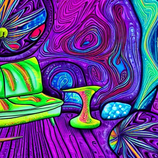 Image similar to psychedelic trippy couch in a forest, planets, milky way, sofa, cartoon green and purple