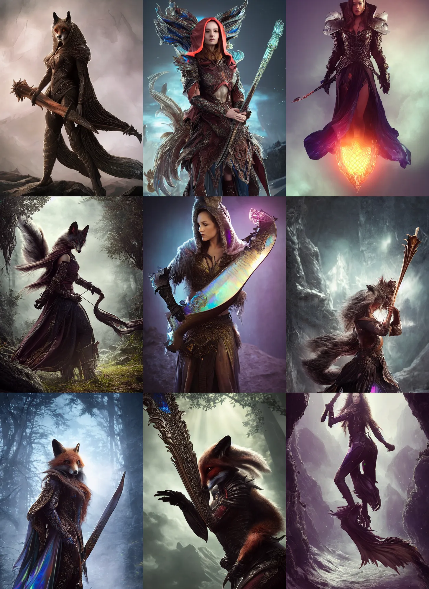 Prompt: Super realistic 8K render of a dark hooded powerful elegant elite fox bard wearing iridescent fantasy armor brandishing a lute, extremely detailed, iridescent, high quality, epic, futuristic, octane render, beautiful, shimmering, deity Leesha Hannigan, Ross Tran, Thierry Doizon, Kai Carpenter, Ignacio Fernández Ríos