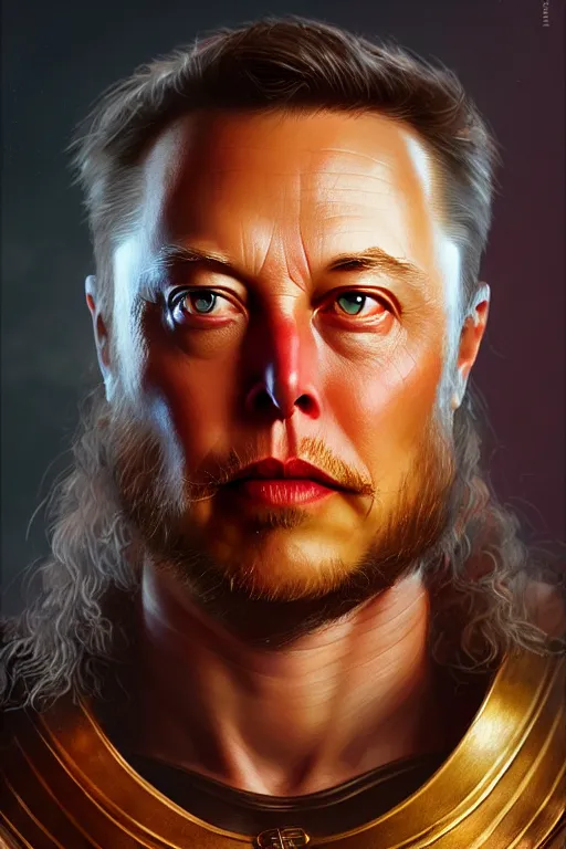 Image similar to elon musk as viking, portrait, skull on the chest, highly detailed, digital painting, artstation, concept art, smooth, sharp focus, illustration, cinematic lighting, art by artgerm and greg rutkowski and alphonse mucha