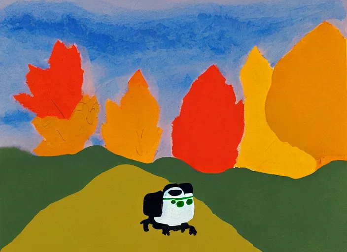 Image similar to portrait of pepe tge frog hiking franconia ridge new hampshire in autumn, artwork by etel adnan