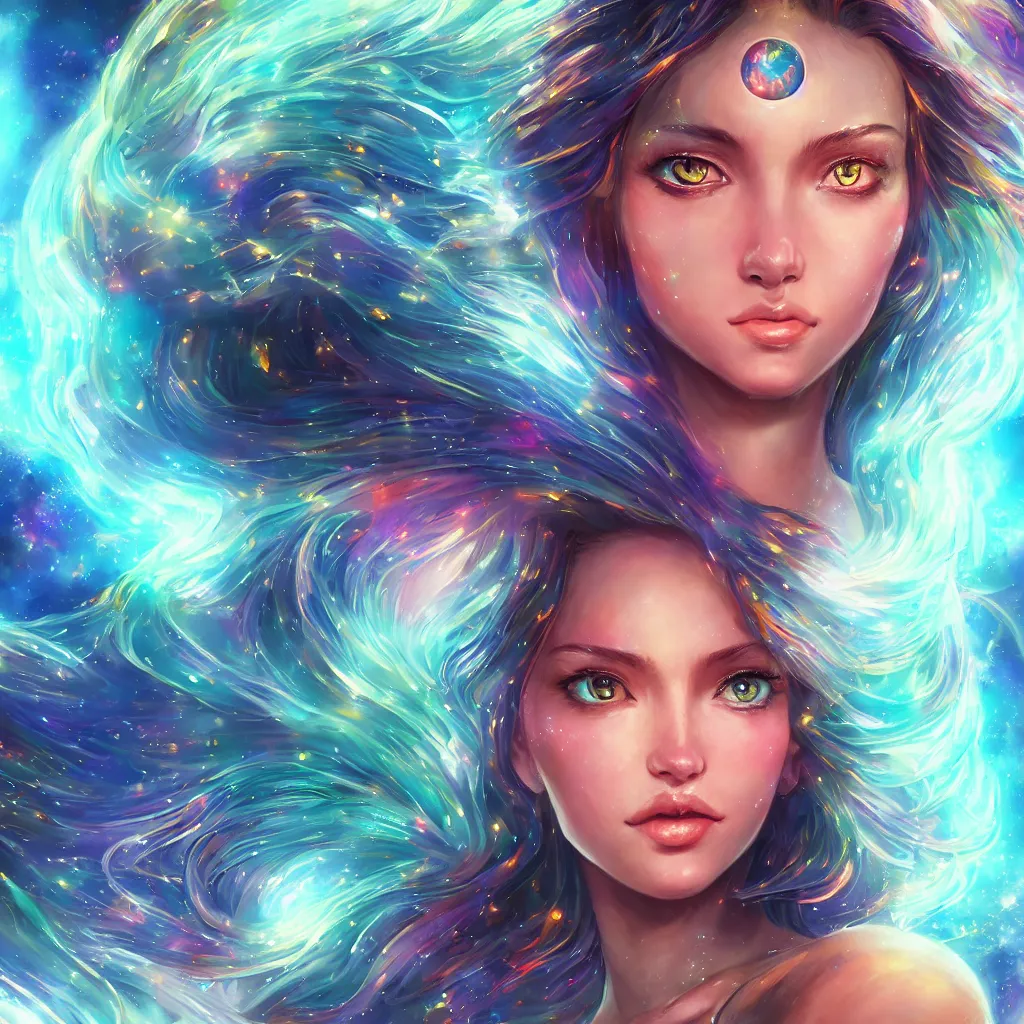 Image similar to highly detailed close up portrait of a celestial girl with a body made of cosmic energy, character art, studio lightning, bright colors, intricate, masterpiece, photorealistic, hiperrealistic, sharp focus, high contrast, Artstation HQ, DeviantArt trending, 4k UHD, Unreal Engine 5