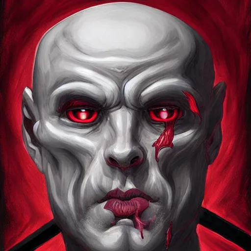 Image similar to d & d painting portrait necromancer man with bald head, red eyes, pallid skin, long flowing black and red robes. in style of larry elmore