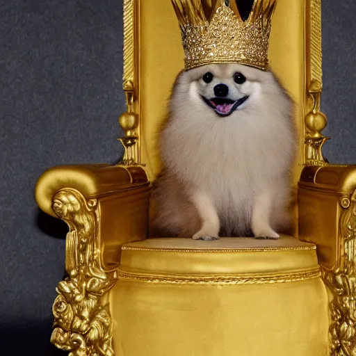 Image similar to a Pomeranian wearing a golden crown is sitting on the King's throne