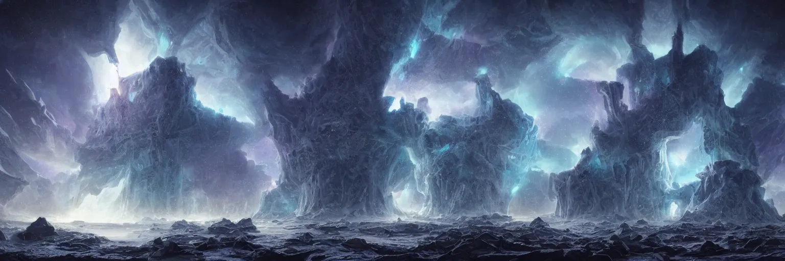 Prompt: arctic monster ice castle in the chaos nebula, detailed angular architecture, geometric ramparts, huge battlements, brutalist design, heavy metal infrastructure, space, nebulae, by greg rutkowski, jim starlin and artstation, epic cosmic atmosphere, planets, photorealism, complex color scheme, uhd