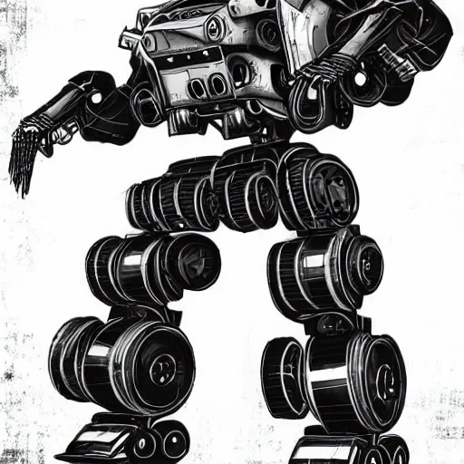 Image similar to Old tractor turned into a walker mech, black and white Battletech mech art, digital painting, white background