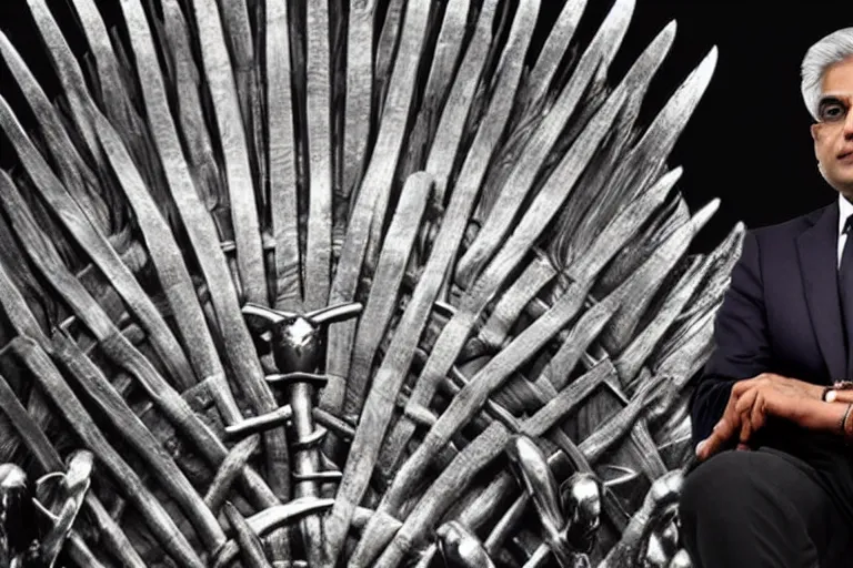 Image similar to Ranil Wickramasinghe sitting on the iron throne, closeup photograph, wearing a suit