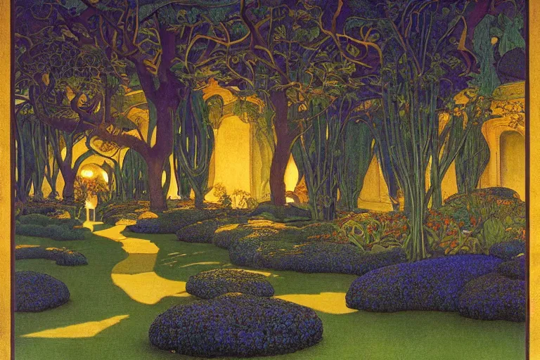 Image similar to beautiful garden at twilight by Maxfield Parrish and Nicholas Roerich and jean delville, glowing paper lanterns, strong dramatic cinematic lighting , ornate tiled architecture, lost civilizations, smooth, sharp focus, extremely detailed