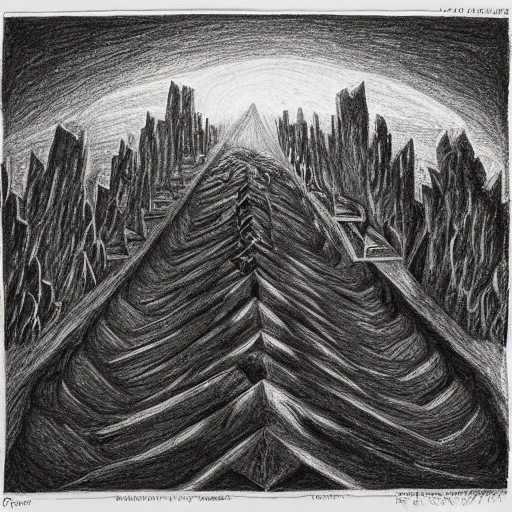 Image similar to apocalypse as drawn by escher using charcoals