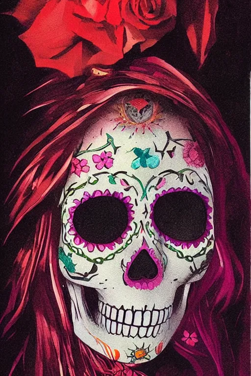 Image similar to Illustration of a sugar skull day of the dead girl, art by john harris